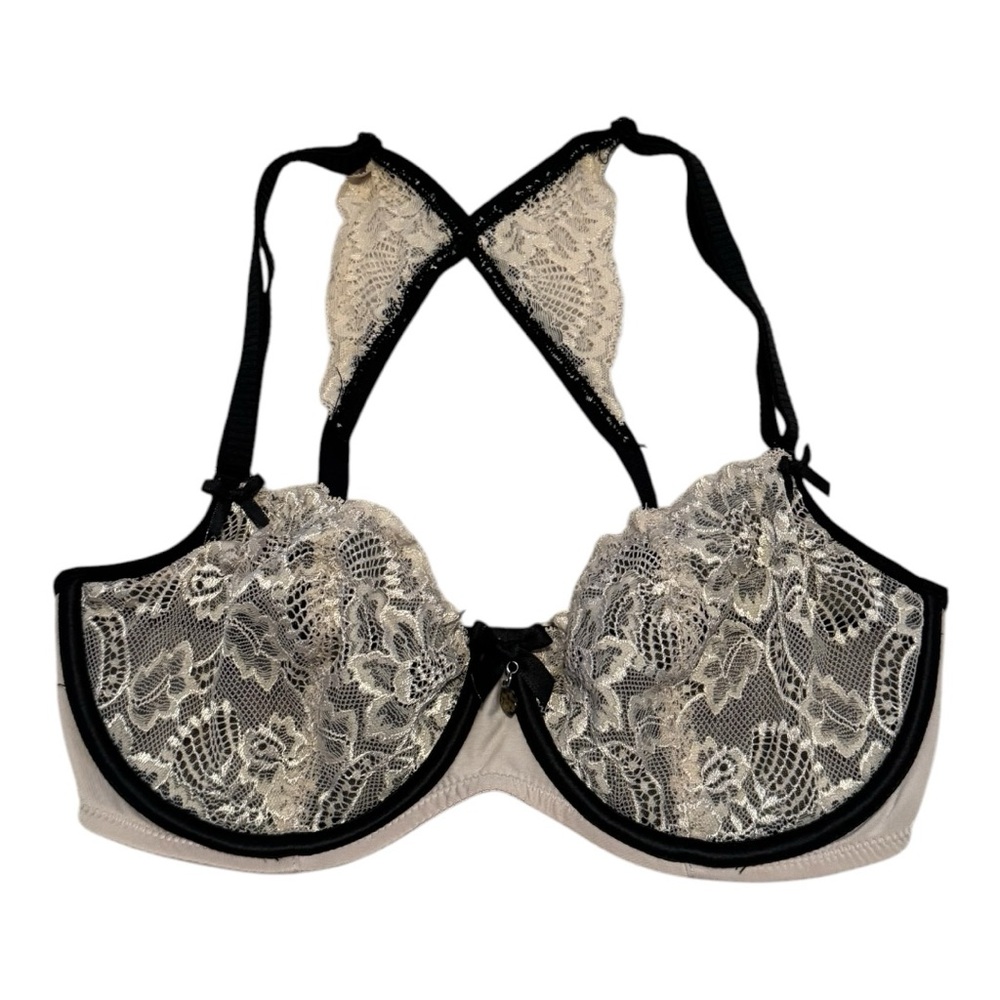 Charade Balconette Bra Sheer Lace 30F Black Nude Underwire Unpadded Sexy Pinup